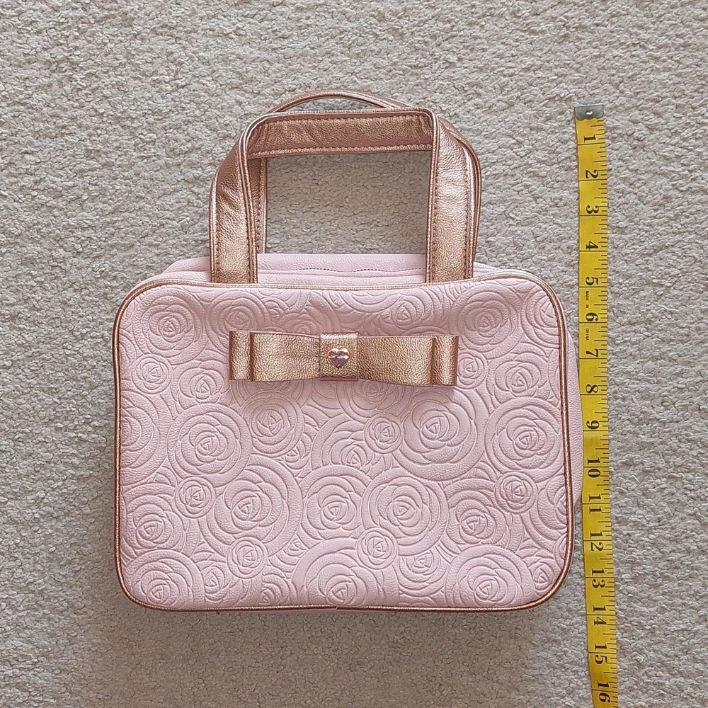 Betsey Johnson Pink Rose Gold Floral Bow Travel Cosmetic Bag